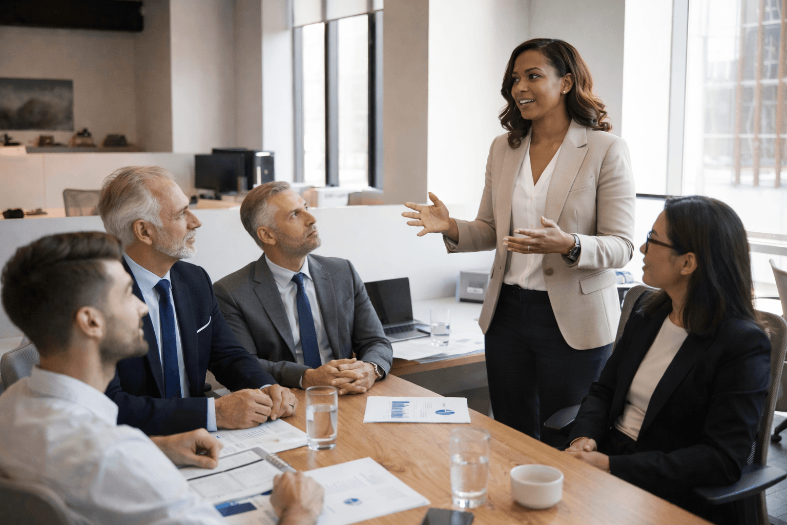 Leaders collaborating in an open workspace